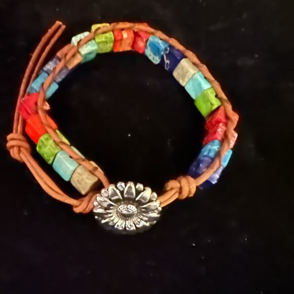 Boho leather wrap square stone rainbow colored bead bracelet flower clasp - Picture 2 of 7